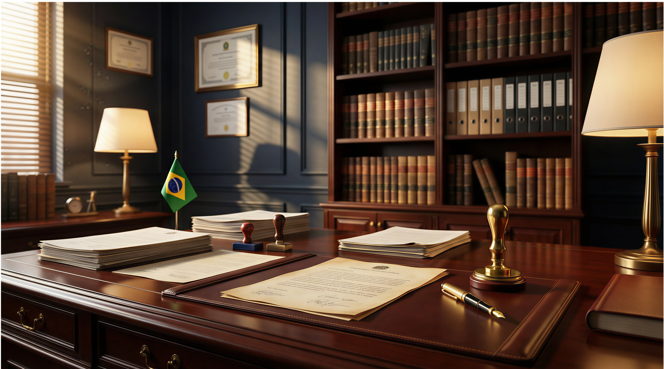 Cartório brasileiro para inventário extrajudicial com documentos e carimbo oficial